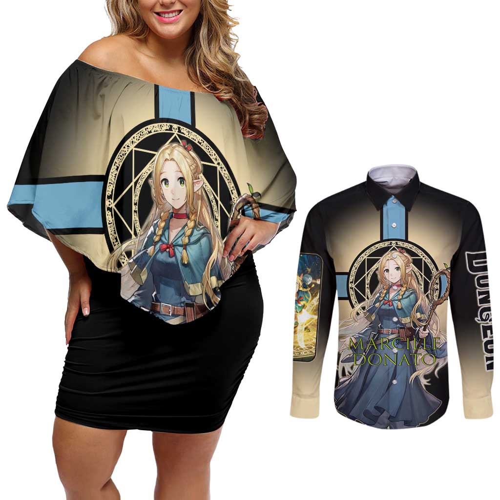 Marcille Donato Elf Mage Couples Matching Off Shoulder Short Dress and Long Sleeve Button Shirt Fantasy Anime Illustration Style