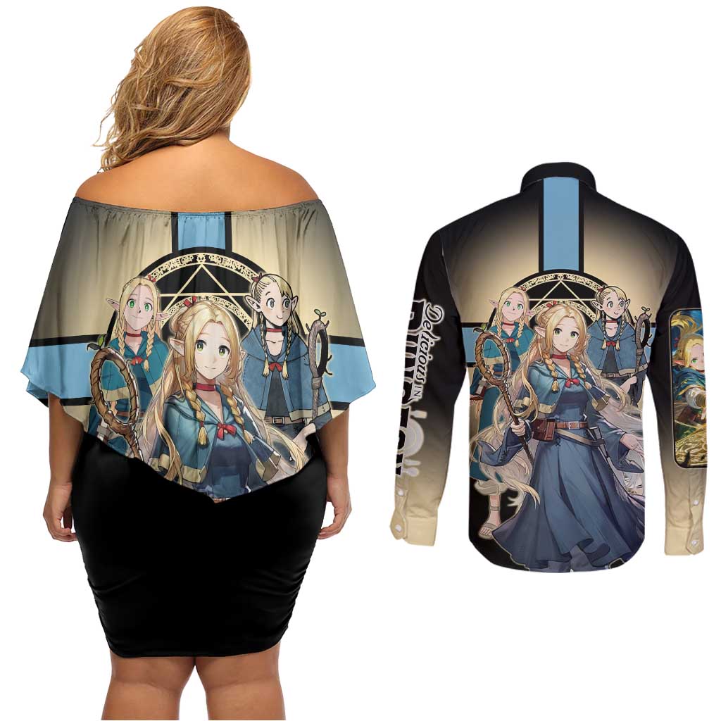 Marcille Donato Elf Mage Couples Matching Off Shoulder Short Dress and Long Sleeve Button Shirt Fantasy Anime Illustration Style