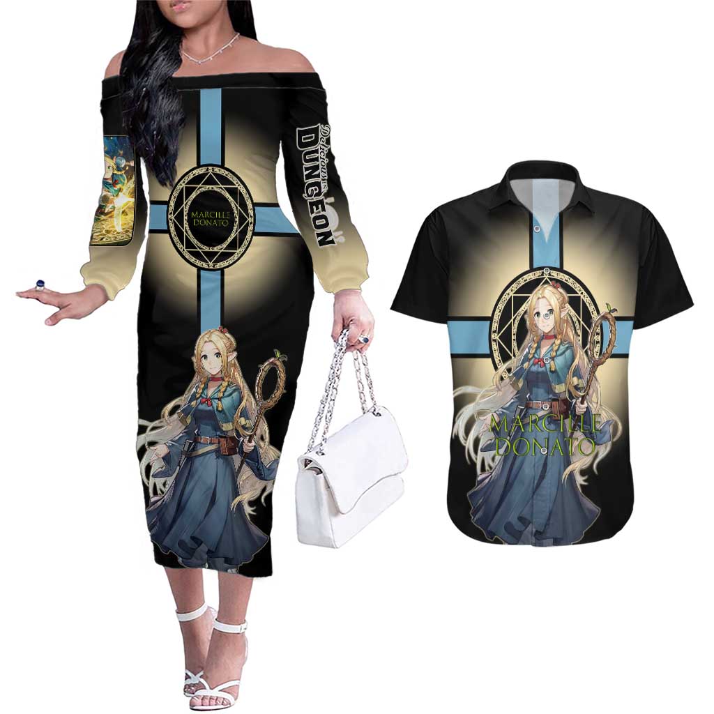 Marcille Donato Elf Mage Couples Matching Off The Shoulder Long Sleeve Dress and Hawaiian Shirt Fantasy Anime Illustration Style