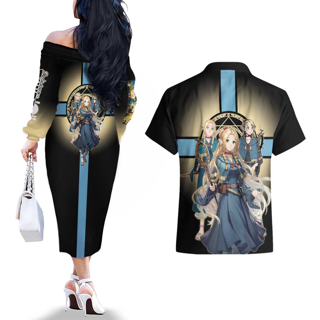 Marcille Donato Elf Mage Couples Matching Off The Shoulder Long Sleeve Dress and Hawaiian Shirt Fantasy Anime Illustration Style