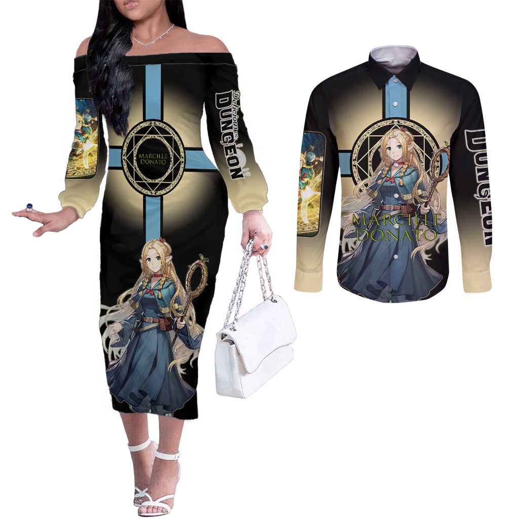 Marcille Donato Elf Mage Couples Matching Off The Shoulder Long Sleeve Dress and Long Sleeve Button Shirt Fantasy Anime Illustration Style