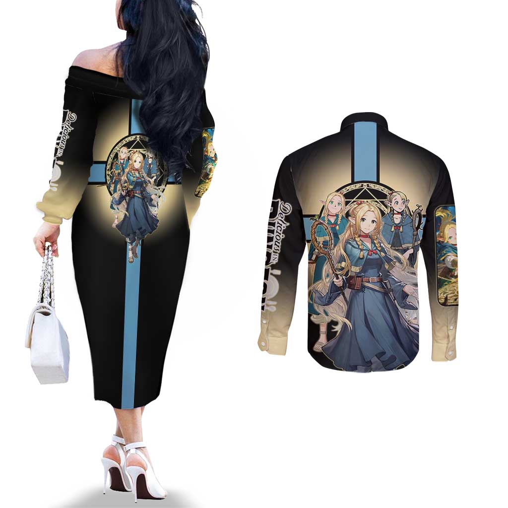 Marcille Donato Elf Mage Couples Matching Off The Shoulder Long Sleeve Dress and Long Sleeve Button Shirt Fantasy Anime Illustration Style