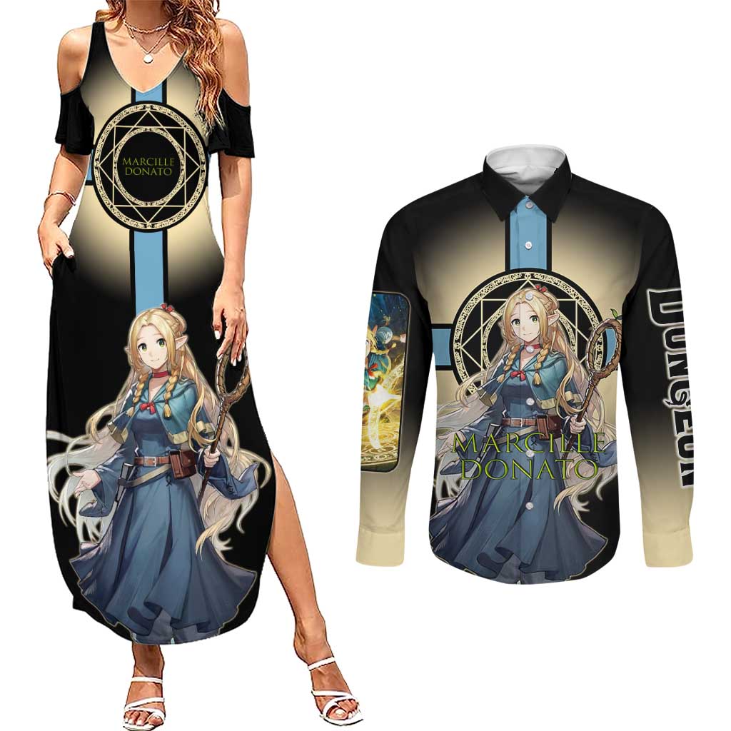 Marcille Donato Elf Mage Couples Matching Summer Maxi Dress and Long Sleeve Button Shirt Fantasy Anime Illustration Style