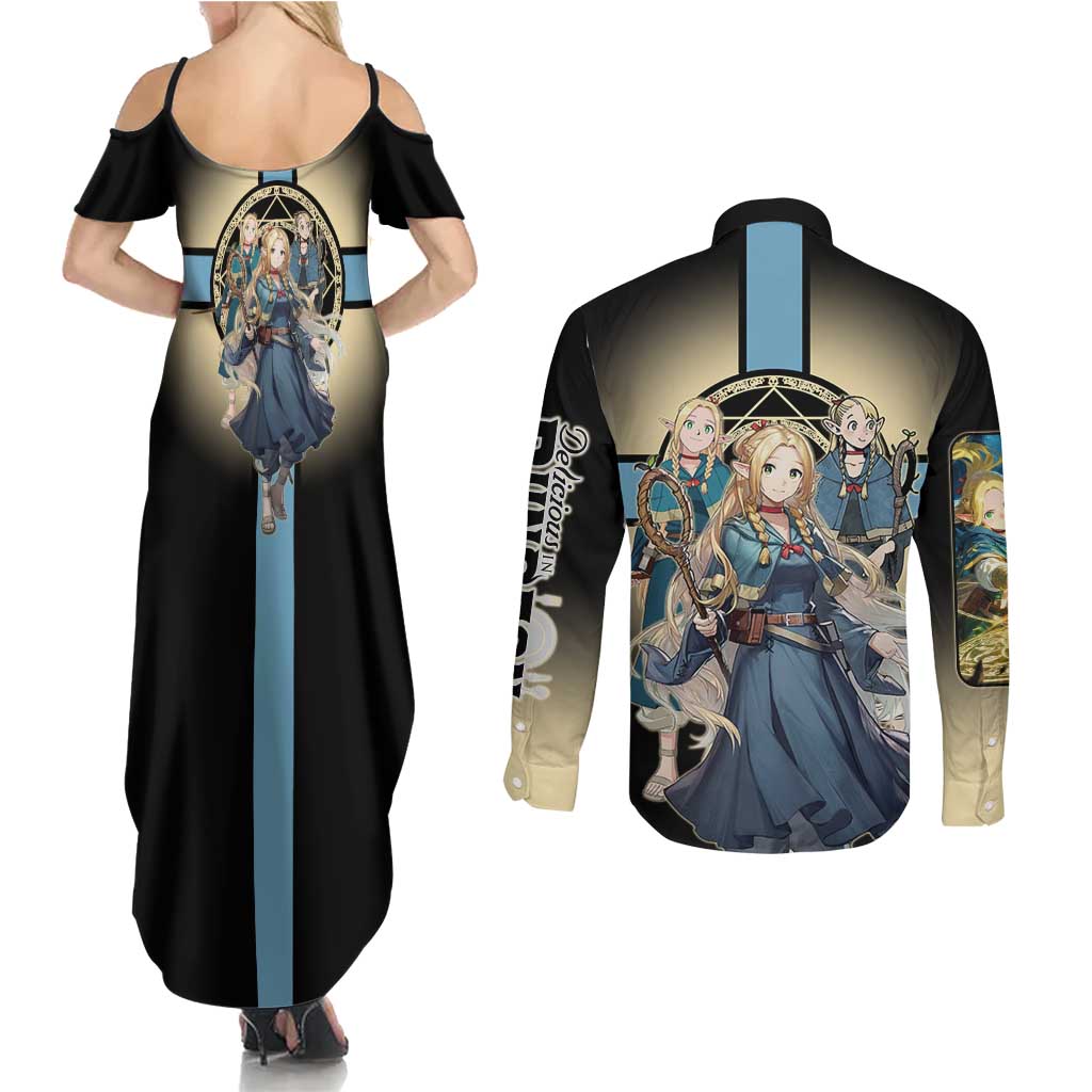 Marcille Donato Elf Mage Couples Matching Summer Maxi Dress and Long Sleeve Button Shirt Fantasy Anime Illustration Style