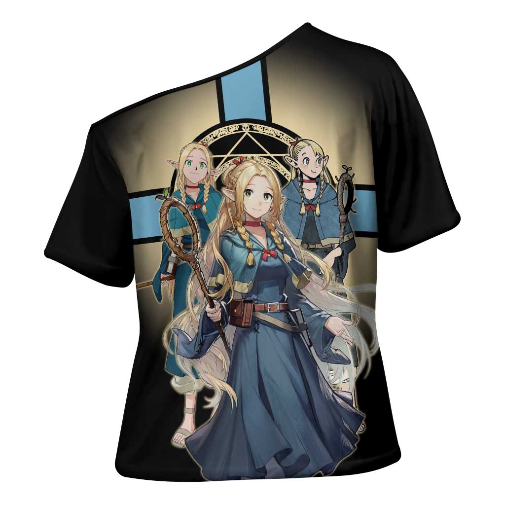Marcille Donato Elf Mage Cross Shoulder Shirt Fantasy Anime Illustration Style