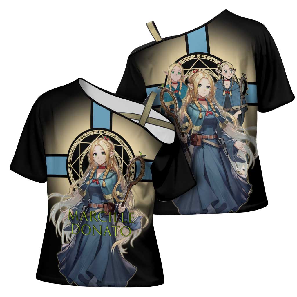 Marcille Donato Elf Mage Cross Shoulder Shirt Fantasy Anime Illustration Style
