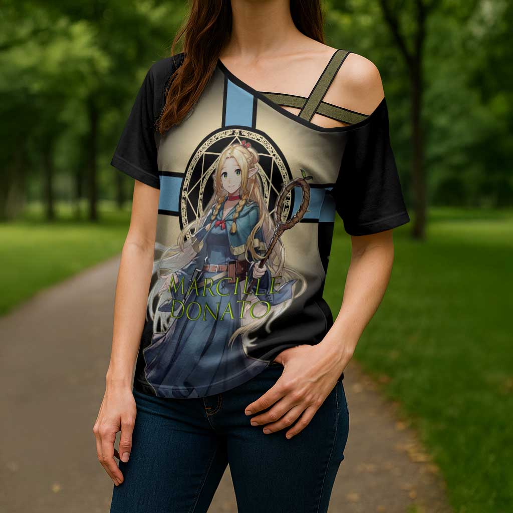 Marcille Donato Elf Mage Cross Shoulder Shirt Fantasy Anime Illustration Style