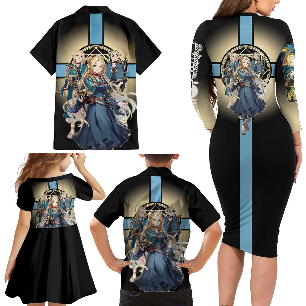 Marcille Donato Elf Mage Family Matching Long Sleeve Bodycon Dress and Hawaiian Shirt Fantasy Anime Illustration Style