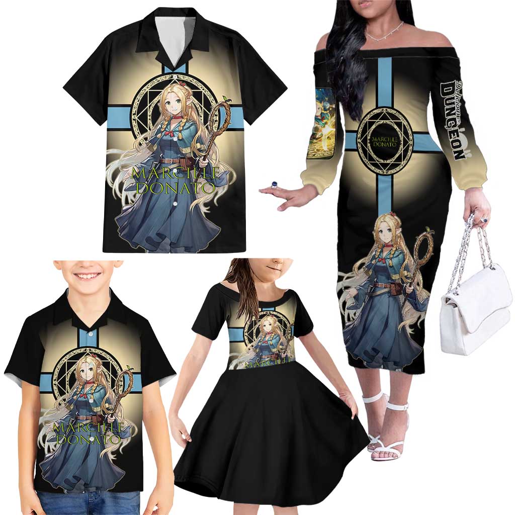 Marcille Donato Elf Mage Family Matching Off The Shoulder Long Sleeve Dress and Hawaiian Shirt Fantasy Anime Illustration Style
