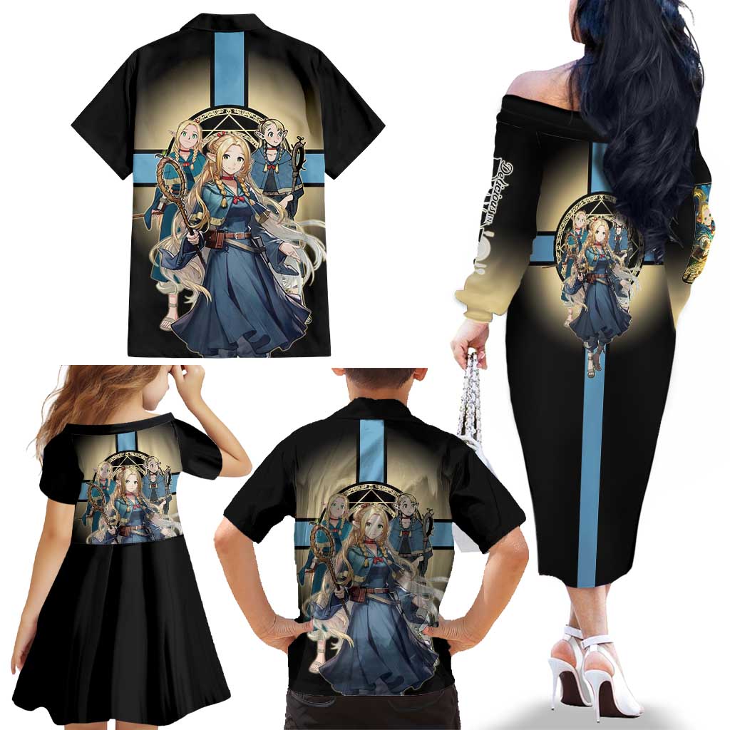 Marcille Donato Elf Mage Family Matching Off The Shoulder Long Sleeve Dress and Hawaiian Shirt Fantasy Anime Illustration Style