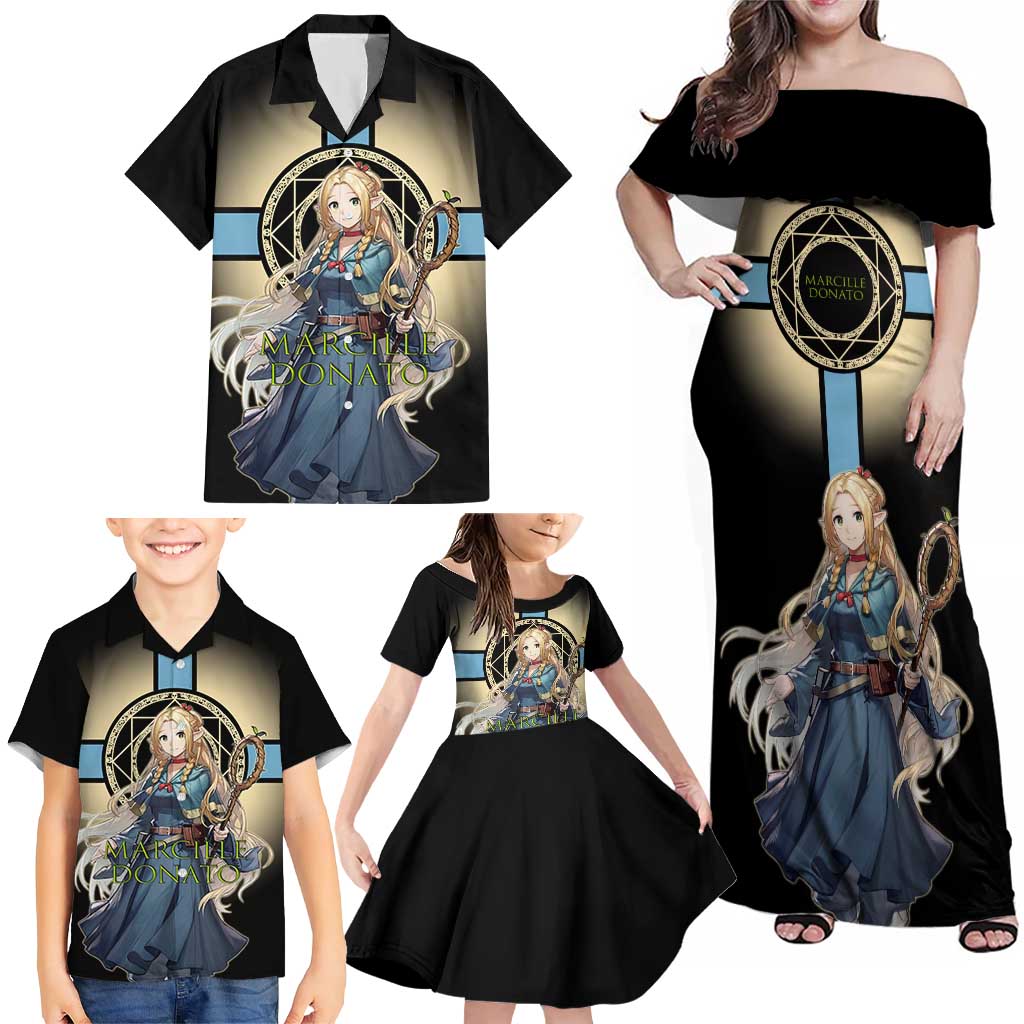 Marcille Donato Elf Mage Family Matching Off Shoulder Maxi Dress and Hawaiian Shirt Fantasy Anime Illustration Style