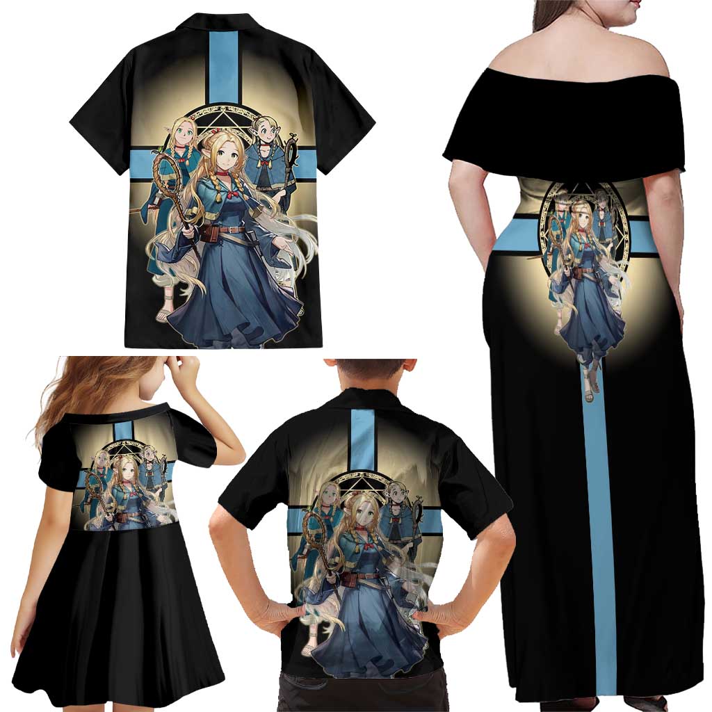 Marcille Donato Elf Mage Family Matching Off Shoulder Maxi Dress and Hawaiian Shirt Fantasy Anime Illustration Style