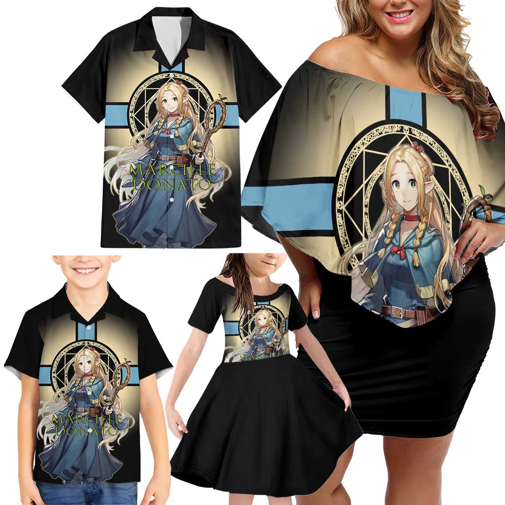 Marcille Donato Elf Mage Family Matching Off Shoulder Short Dress and Hawaiian Shirt Fantasy Anime Illustration Style