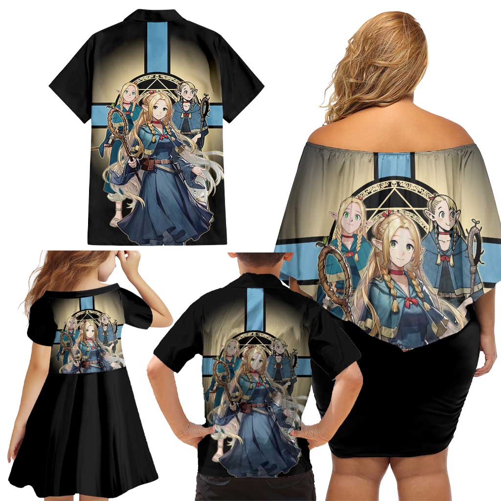 Marcille Donato Elf Mage Family Matching Off Shoulder Short Dress and Hawaiian Shirt Fantasy Anime Illustration Style