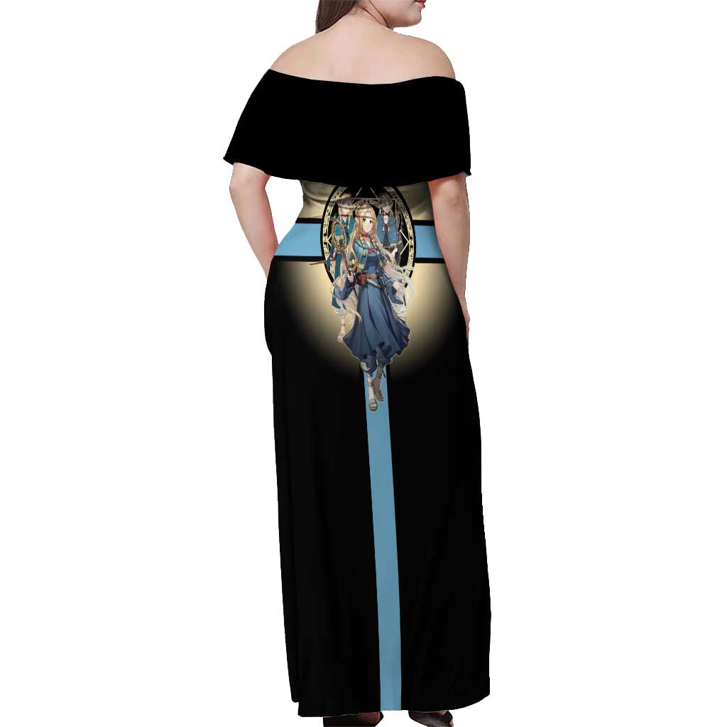 Marcille Donato Elf Mage Off Shoulder Maxi Dress Fantasy Anime Illustration Style