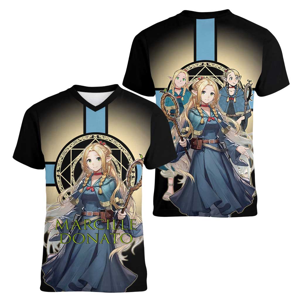 Marcille Donato Elf Mage Women V-Neck T-Shirt Fantasy Anime Illustration Style