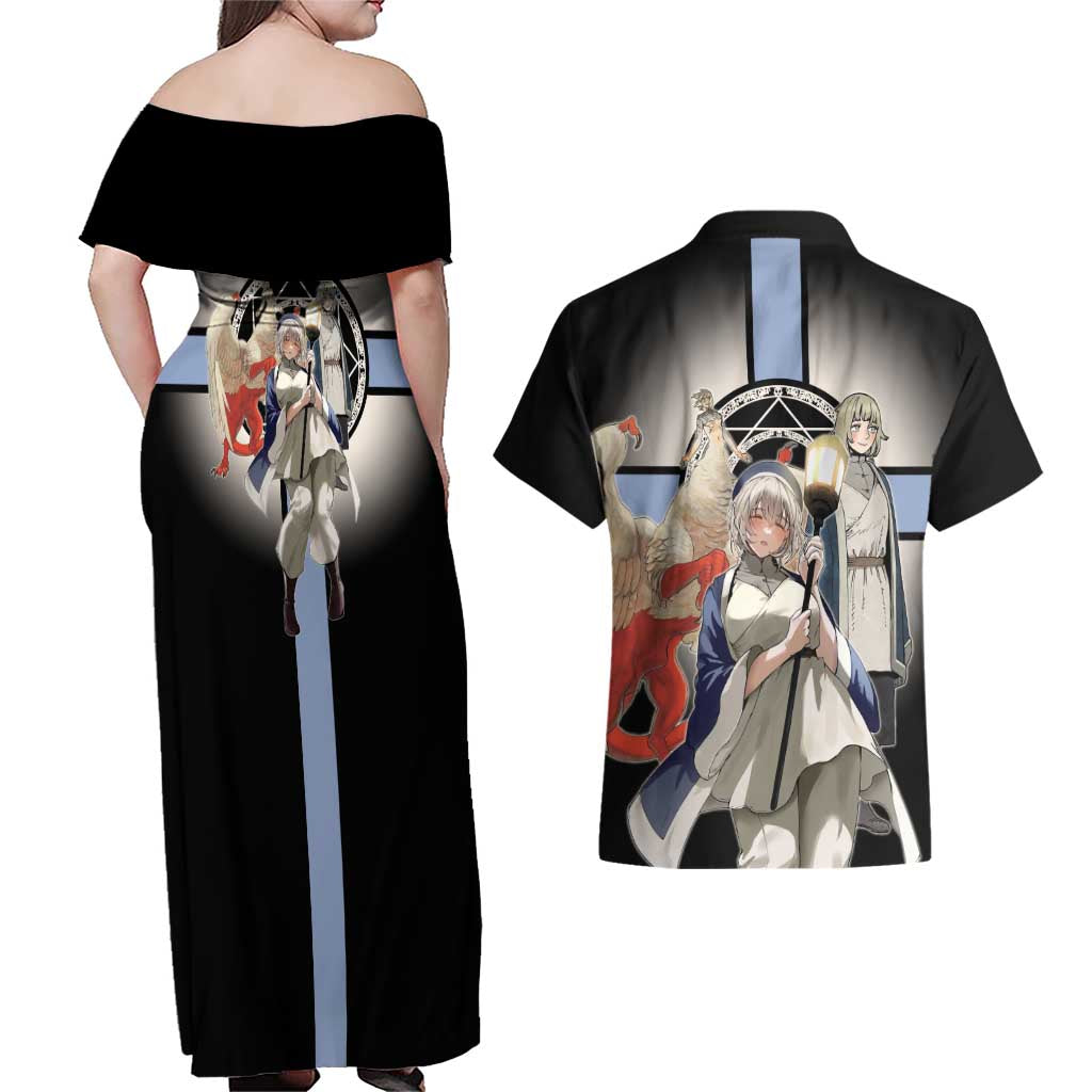 Falin Touden Lightbearer Couples Matching Off Shoulder Maxi Dress and Hawaiian Shirt Fantasy Anime Illustration Style