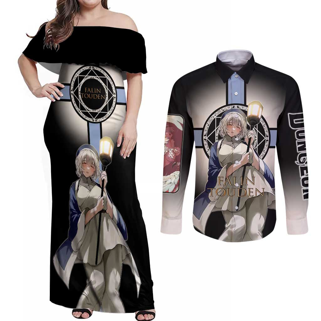 Falin Touden Lightbearer Couples Matching Off Shoulder Maxi Dress and Long Sleeve Button Shirt Fantasy Anime Illustration Style
