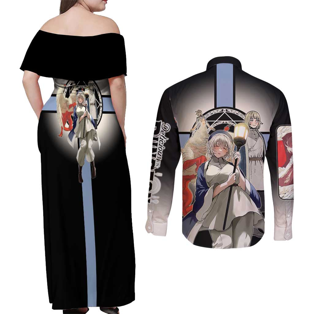 Falin Touden Lightbearer Couples Matching Off Shoulder Maxi Dress and Long Sleeve Button Shirt Fantasy Anime Illustration Style