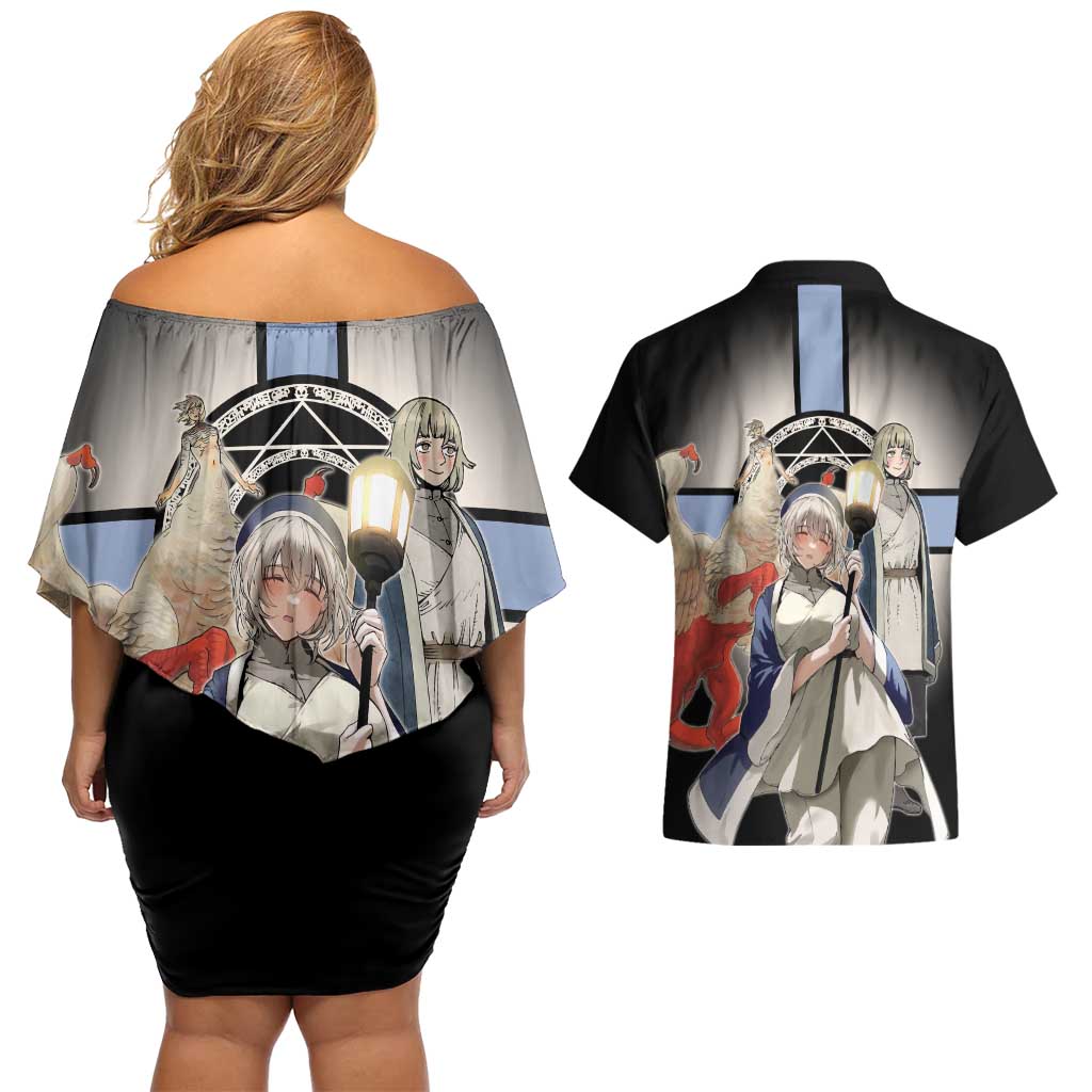 Falin Touden Lightbearer Couples Matching Off Shoulder Short Dress and Hawaiian Shirt Fantasy Anime Illustration Style