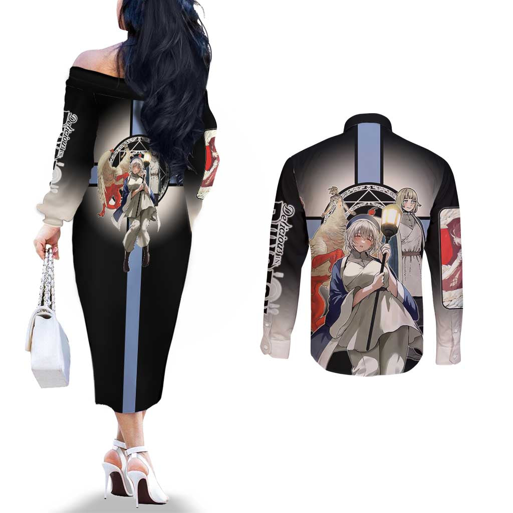 Falin Touden Lightbearer Couples Matching Off The Shoulder Long Sleeve Dress and Long Sleeve Button Shirt Fantasy Anime Illustration Style