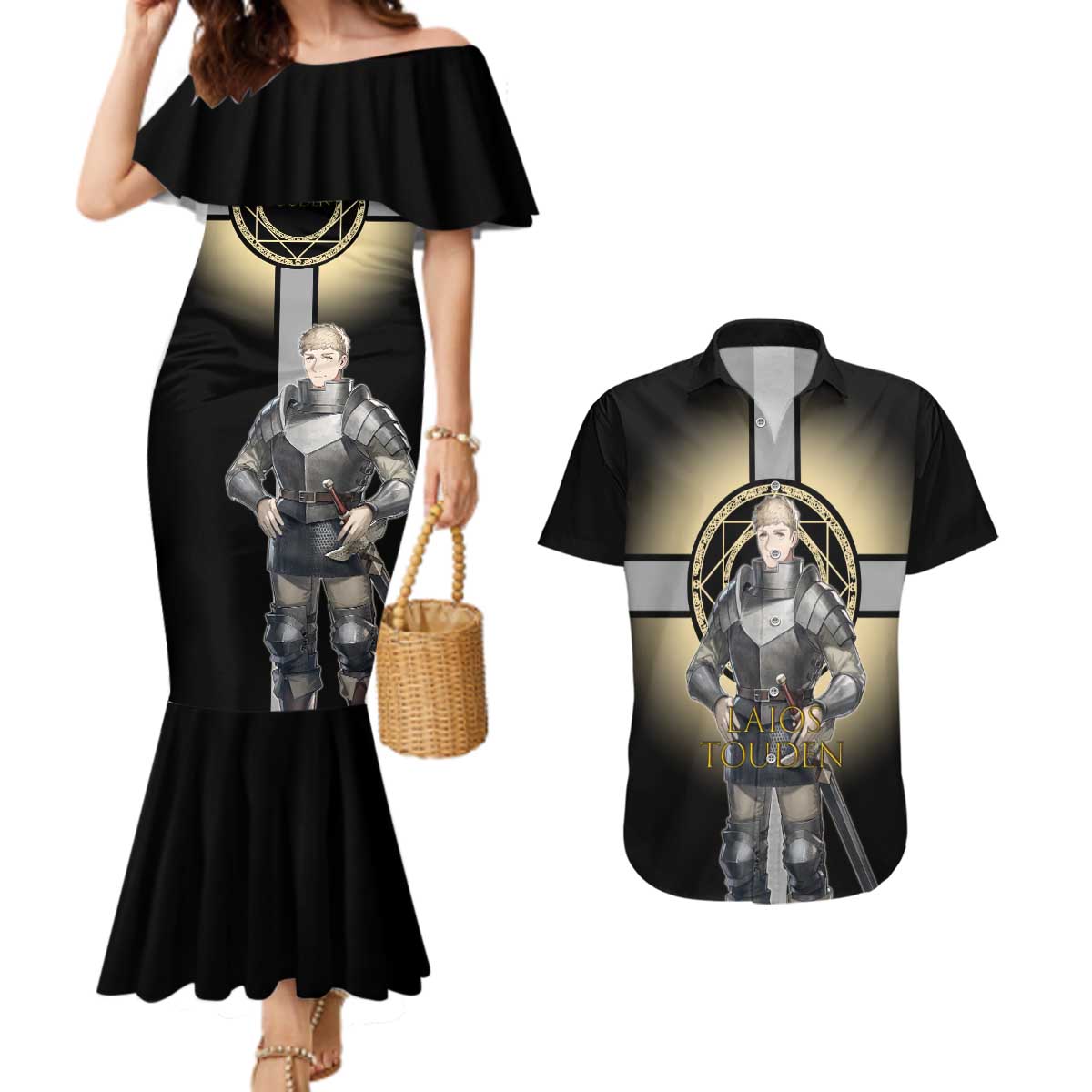 Laios Touden Dungeon Knight Couples Matching Mermaid Dress and Hawaiian Shirt Fantasy Anime Illustration Style
