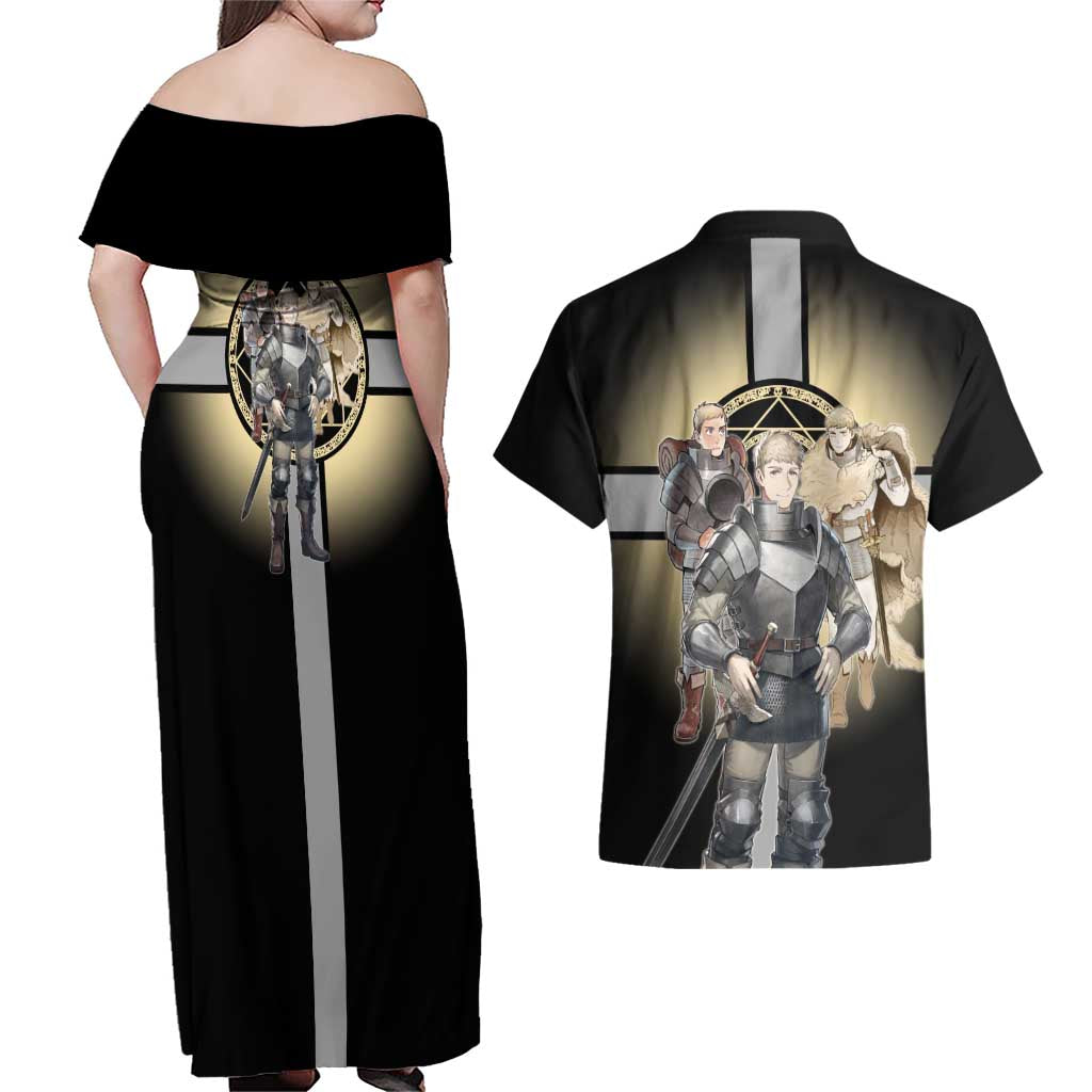 Laios Touden Dungeon Knight Couples Matching Off Shoulder Maxi Dress and Hawaiian Shirt Fantasy Anime Illustration Style