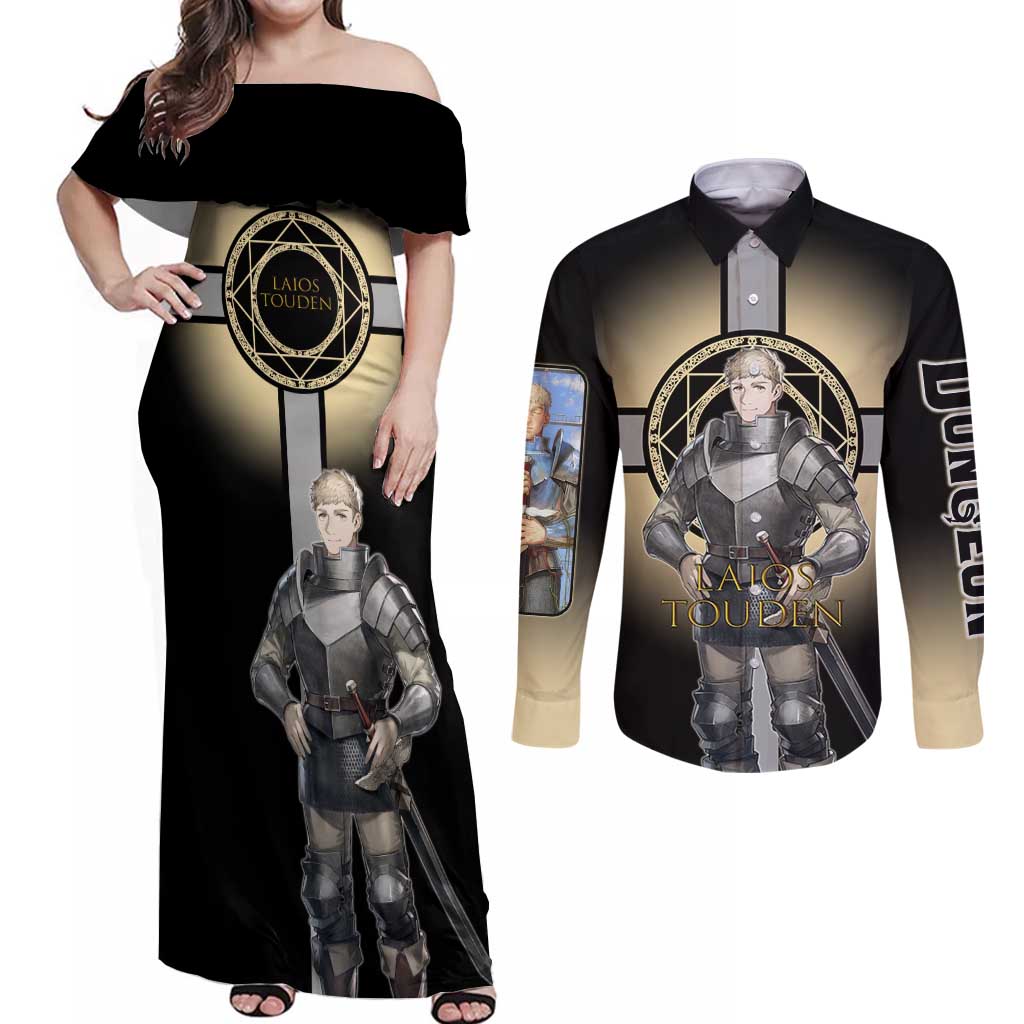 Laios Touden Dungeon Knight Couples Matching Off Shoulder Maxi Dress and Long Sleeve Button Shirt Fantasy Anime Illustration Style