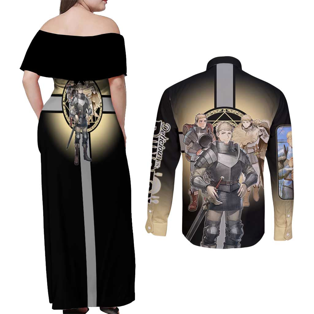 Laios Touden Dungeon Knight Couples Matching Off Shoulder Maxi Dress and Long Sleeve Button Shirt Fantasy Anime Illustration Style