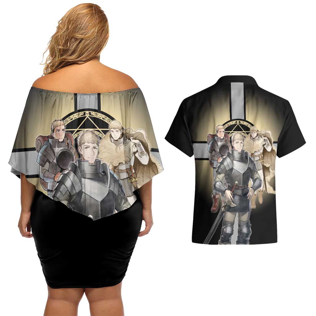Laios Touden Dungeon Knight Couples Matching Off Shoulder Short Dress and Hawaiian Shirt Fantasy Anime Illustration Style