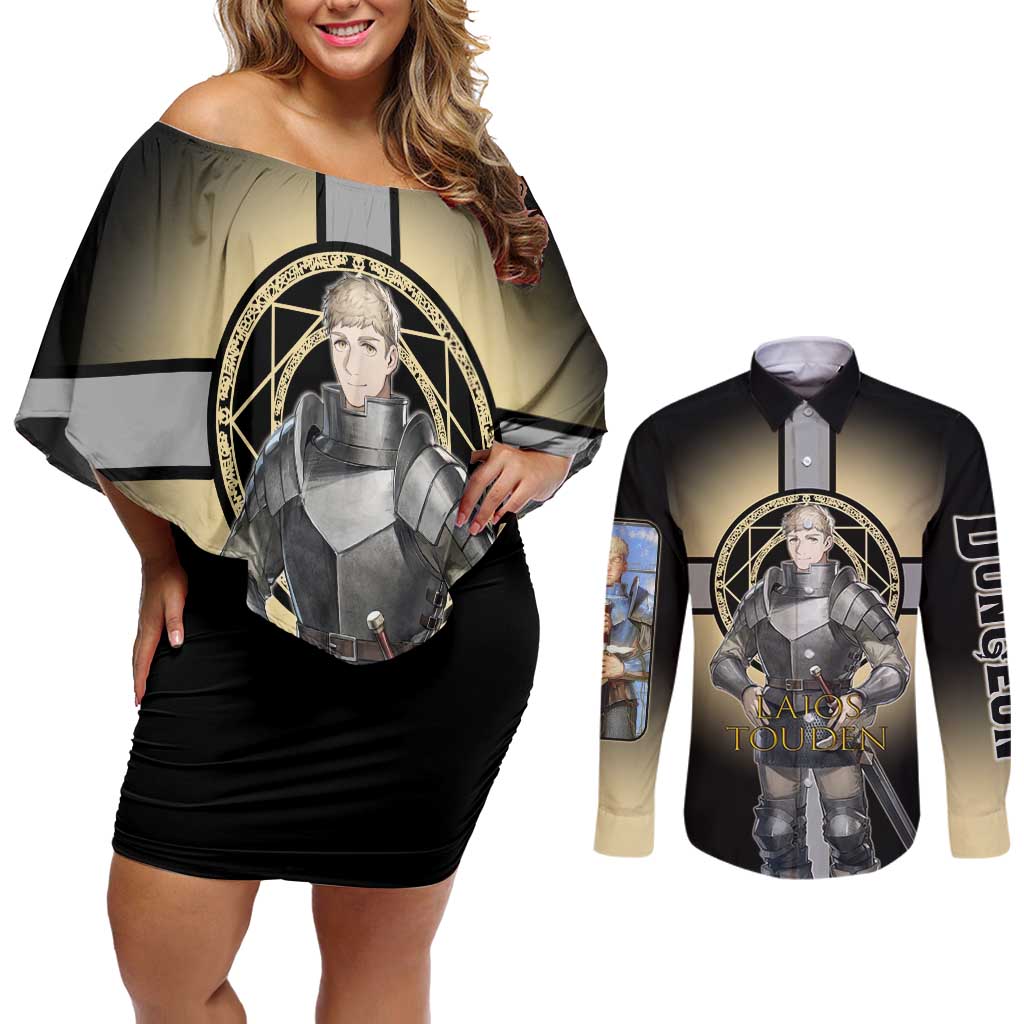 Laios Touden Dungeon Knight Couples Matching Off Shoulder Short Dress and Long Sleeve Button Shirt Fantasy Anime Illustration Style
