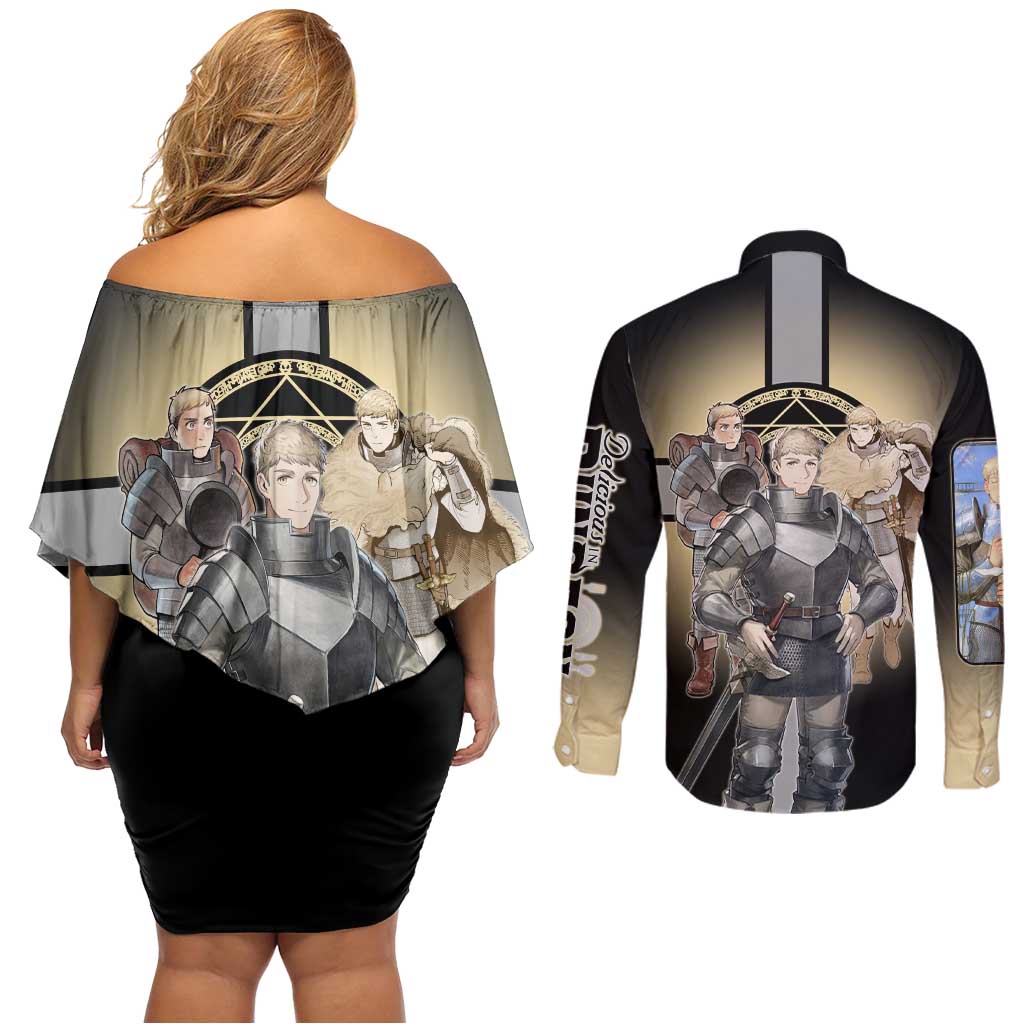 Laios Touden Dungeon Knight Couples Matching Off Shoulder Short Dress and Long Sleeve Button Shirt Fantasy Anime Illustration Style