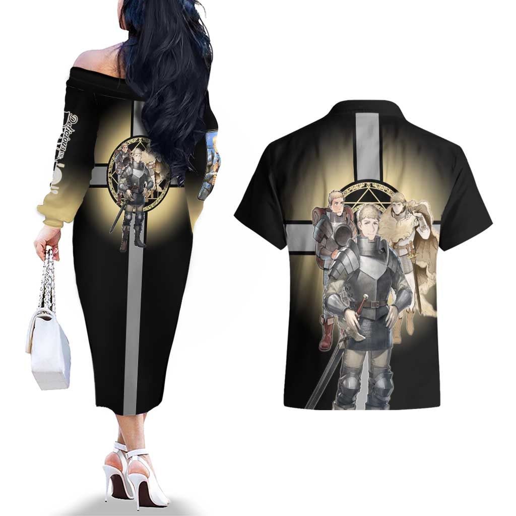 Laios Touden Dungeon Knight Couples Matching Off The Shoulder Long Sleeve Dress and Hawaiian Shirt Fantasy Anime Illustration Style