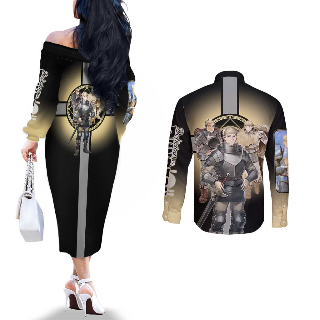 Laios Touden Dungeon Knight Couples Matching Off The Shoulder Long Sleeve Dress and Long Sleeve Button Shirt Fantasy Anime Illustration Style