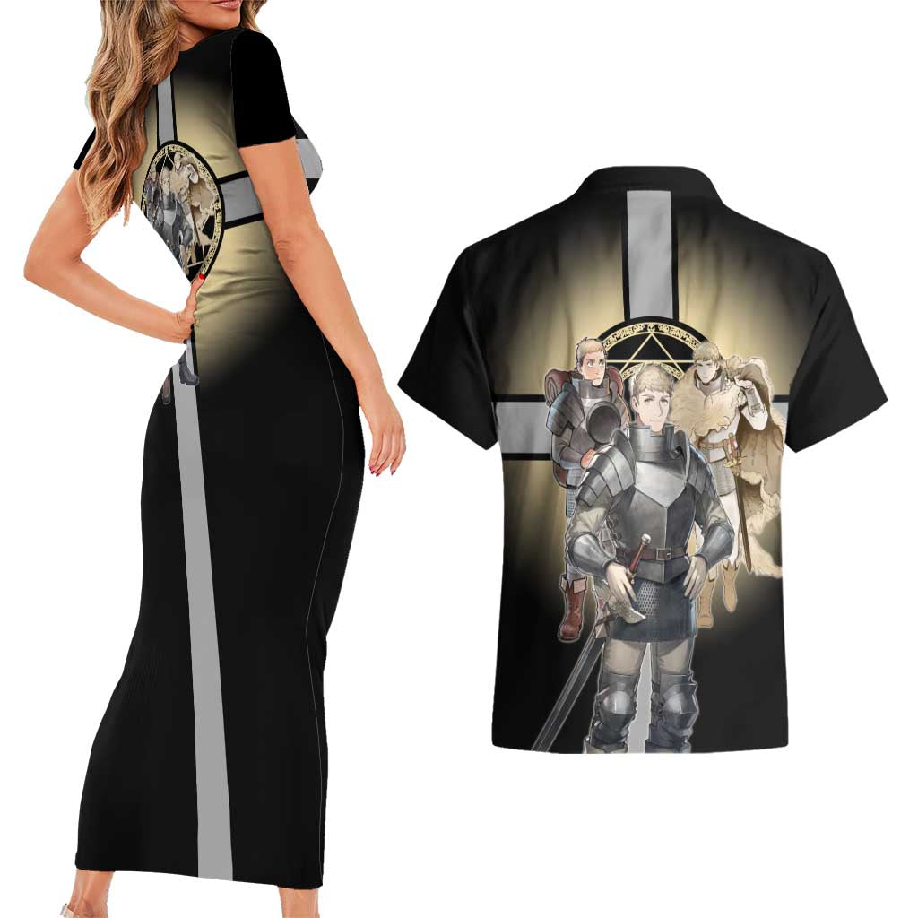 Laios Touden Dungeon Knight Couples Matching Short Sleeve Bodycon Dress and Hawaiian Shirt Fantasy Anime Illustration Style