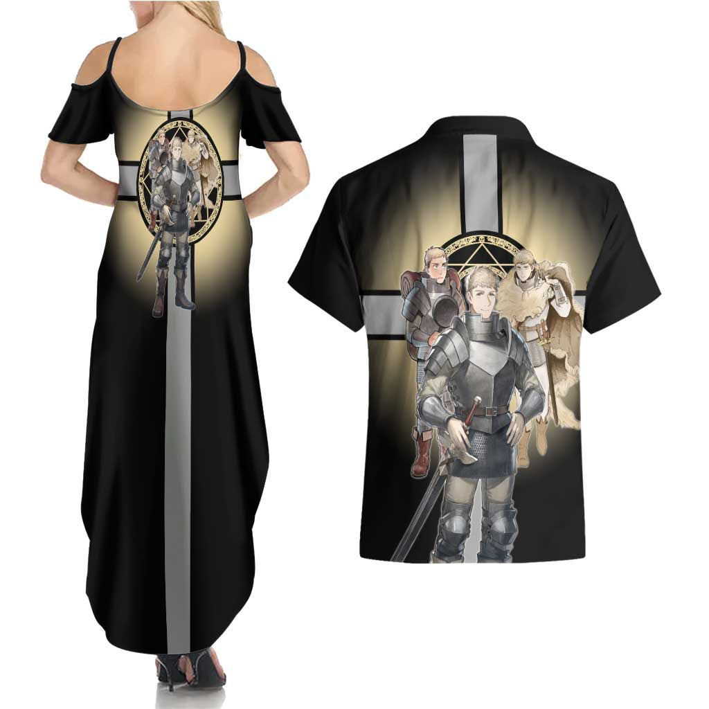 Laios Touden Dungeon Knight Couples Matching Summer Maxi Dress and Hawaiian Shirt Fantasy Anime Illustration Style
