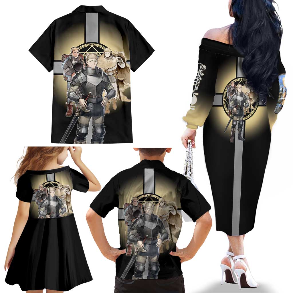 Laios Touden Dungeon Knight Family Matching Off The Shoulder Long Sleeve Dress and Hawaiian Shirt Fantasy Anime Illustration Style