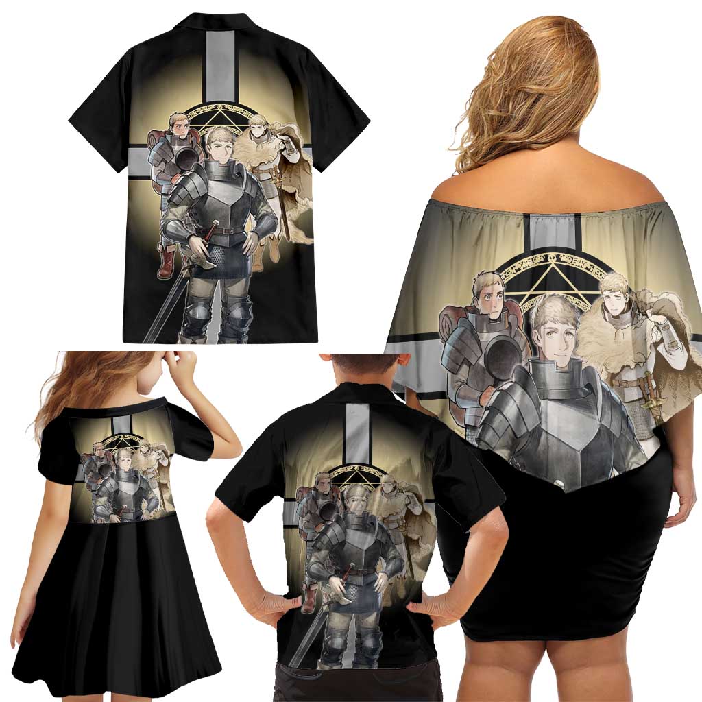 Laios Touden Dungeon Knight Family Matching Off Shoulder Short Dress and Hawaiian Shirt Fantasy Anime Illustration Style