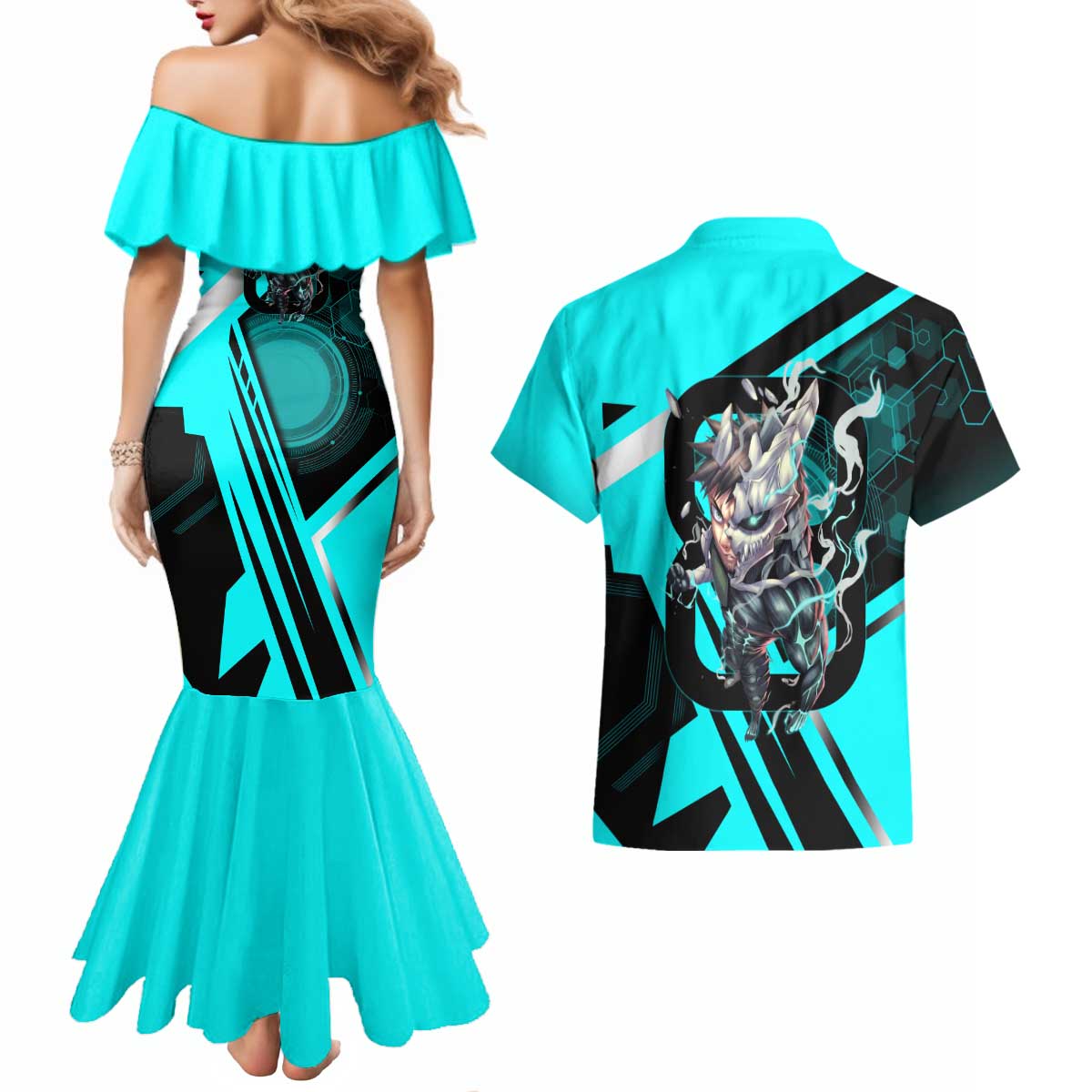 Hibino Kafka Couples Matching Mermaid Dress and Hawaiian Shirt Futuristic Tech Anime Style