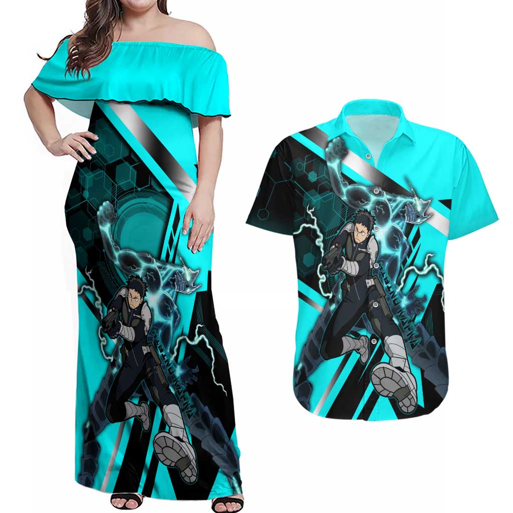 Hibino Kafka Couples Matching Off Shoulder Maxi Dress and Hawaiian Shirt Futuristic Tech Anime Style