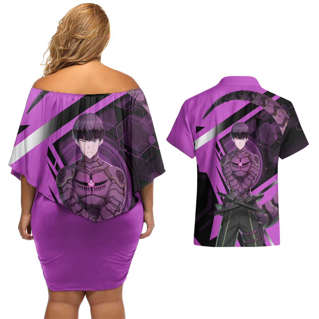 Hoshina Soshiro Couples Matching Off Shoulder Short Dress and Hawaiian Shirt Futuristic Tech Anime Style