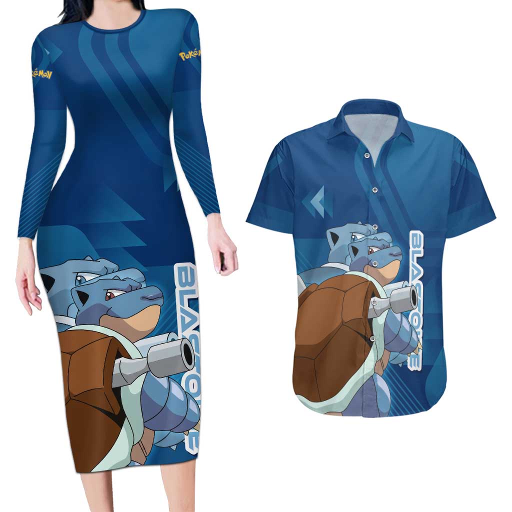 Blastoise Poké Couples Matching Long Sleeve Bodycon Dress and Hawaiian Shirt Tech Armor Anime Wave Style
