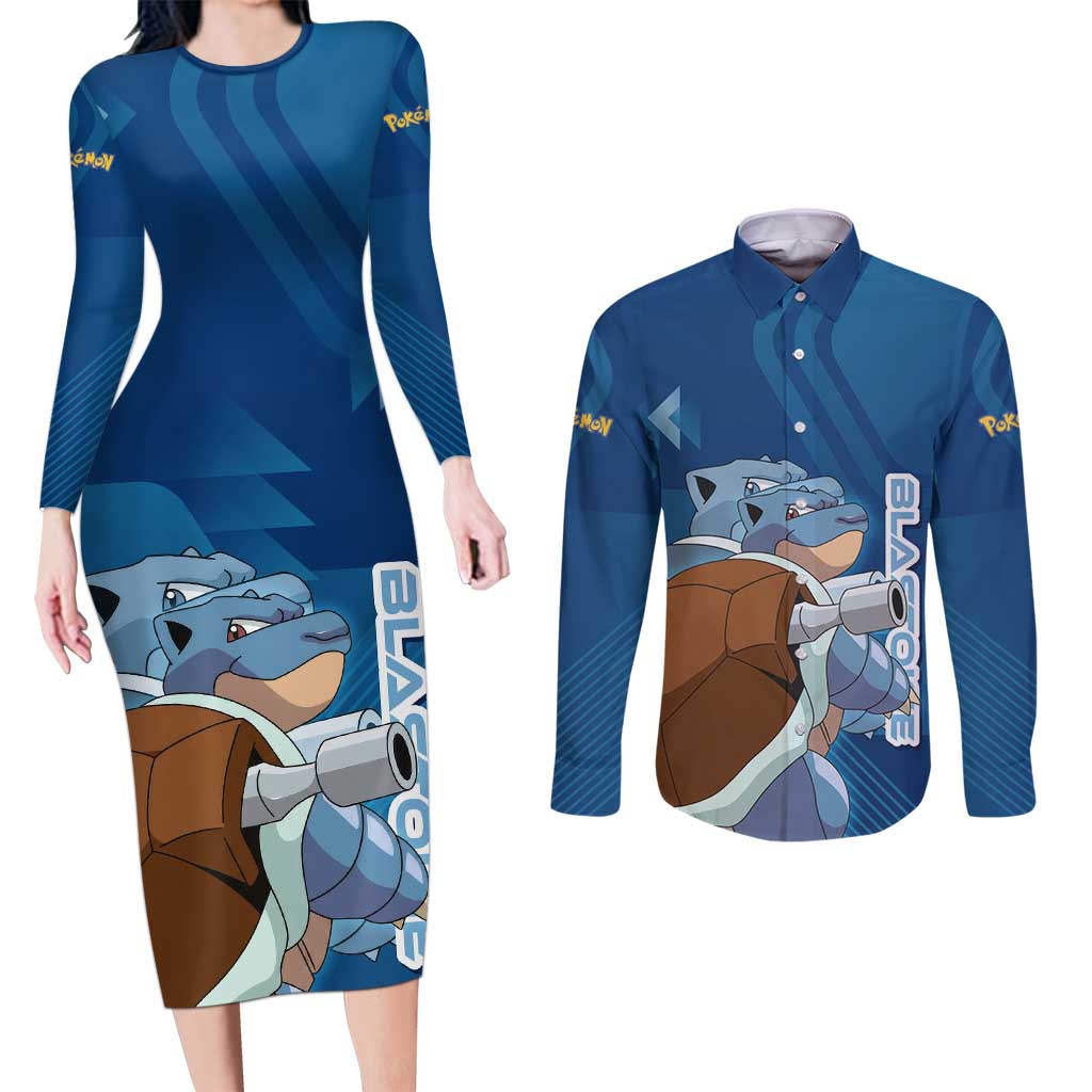 Blastoise Poké Couples Matching Long Sleeve Bodycon Dress and Long Sleeve Button Shirt Tech Armor Anime Wave Style