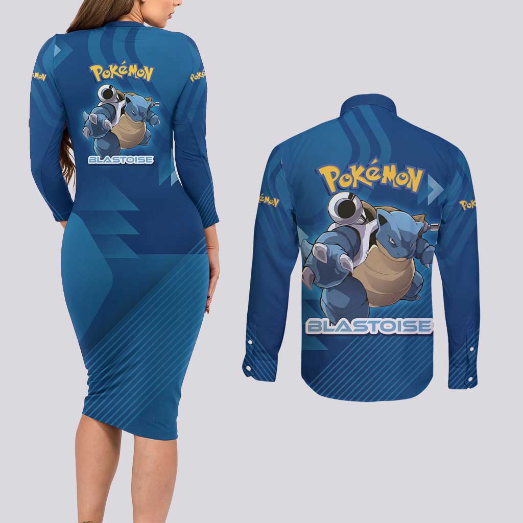 Blastoise Poké Couples Matching Long Sleeve Bodycon Dress and Long Sleeve Button Shirt Tech Armor Anime Wave Style