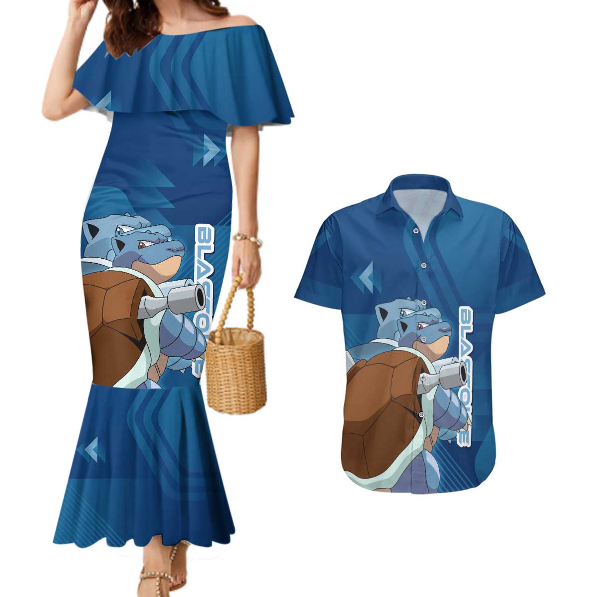 Blastoise Poké Couples Matching Mermaid Dress and Hawaiian Shirt Tech Armor Anime Wave Style