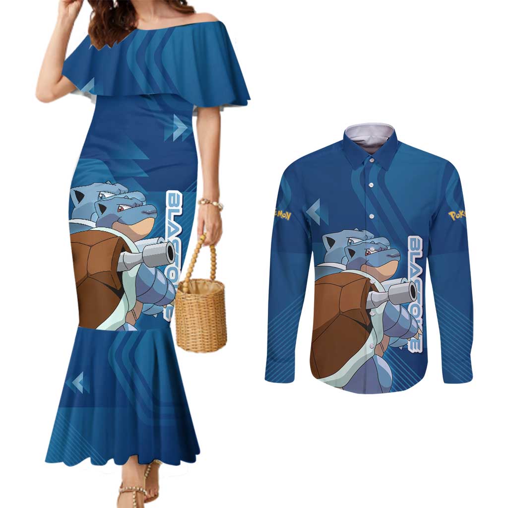 Blastoise Poké Couples Matching Mermaid Dress and Long Sleeve Button Shirt Tech Armor Anime Wave Style