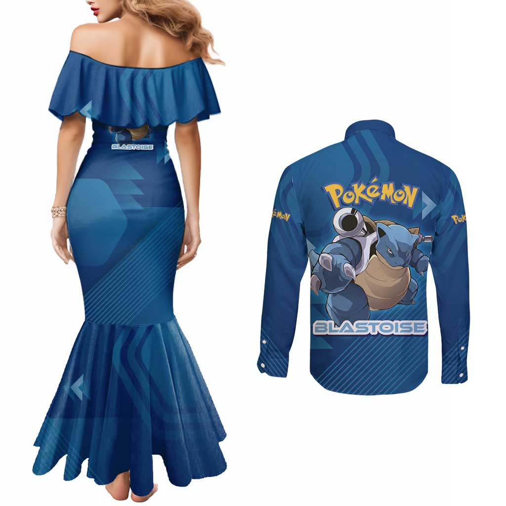 Blastoise Poké Couples Matching Mermaid Dress and Long Sleeve Button Shirt Tech Armor Anime Wave Style