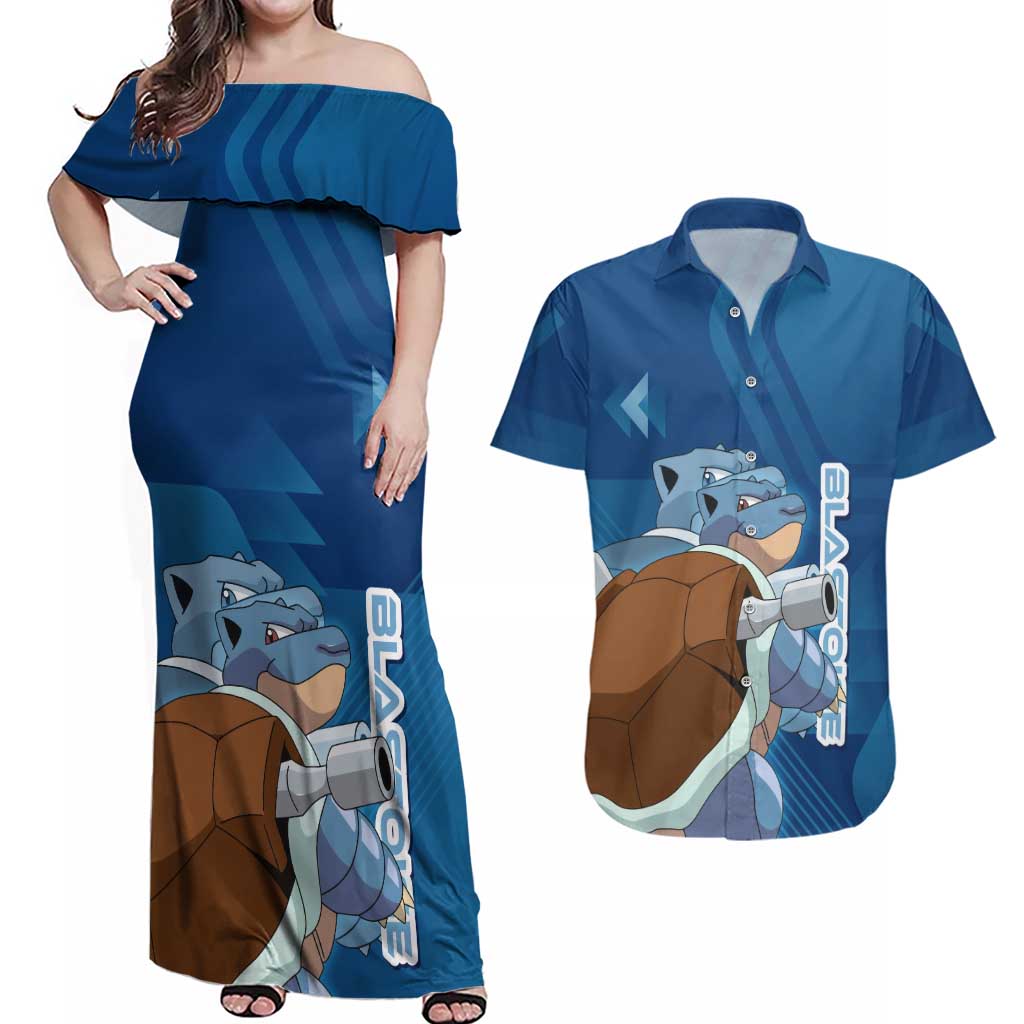Blastoise Poké Couples Matching Off Shoulder Maxi Dress and Hawaiian Shirt Tech Armor Anime Wave Style