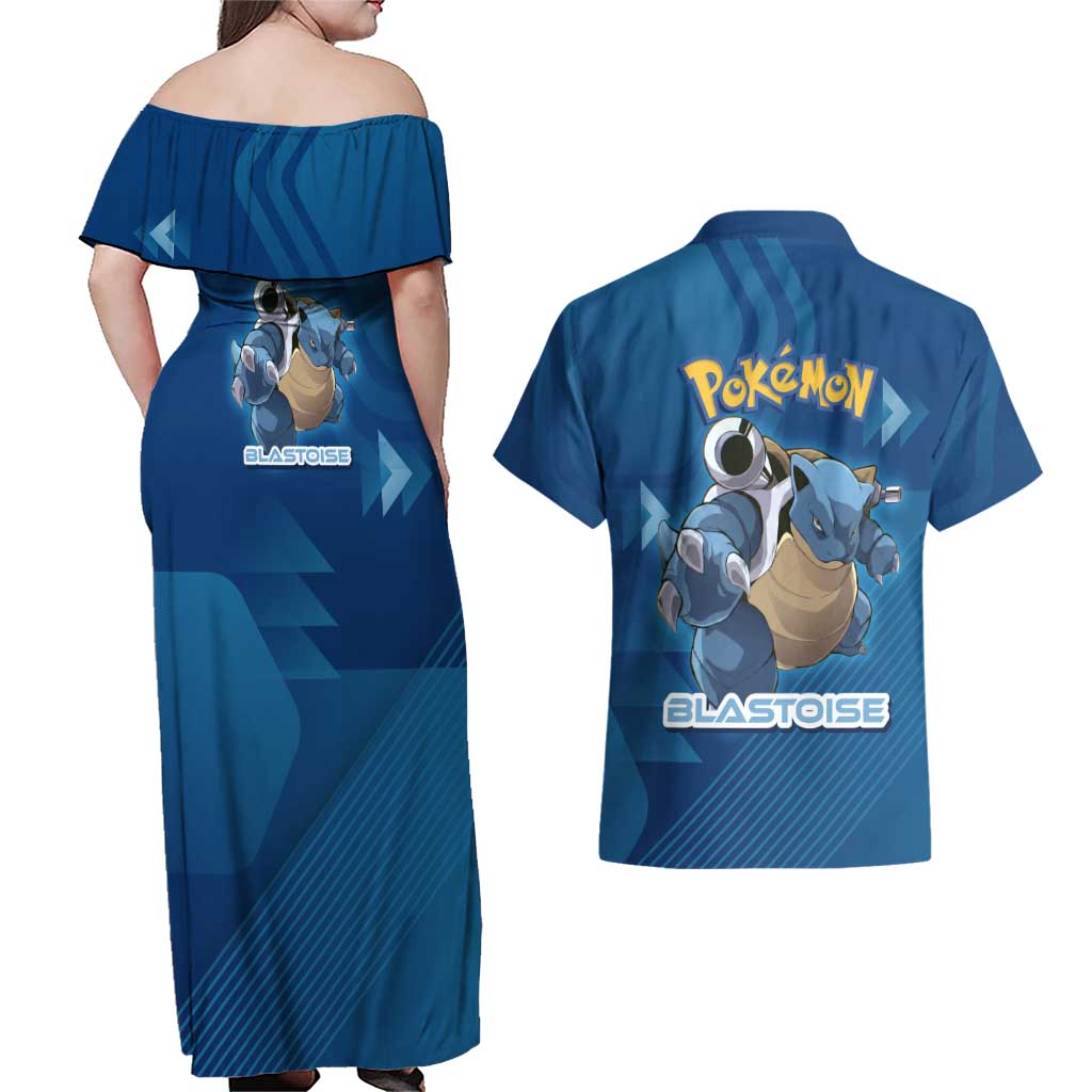 Blastoise Poké Couples Matching Off Shoulder Maxi Dress and Hawaiian Shirt Tech Armor Anime Wave Style
