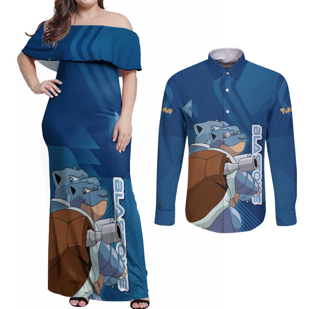Blastoise Poké Couples Matching Off Shoulder Maxi Dress and Long Sleeve Button Shirt Tech Armor Anime Wave Style